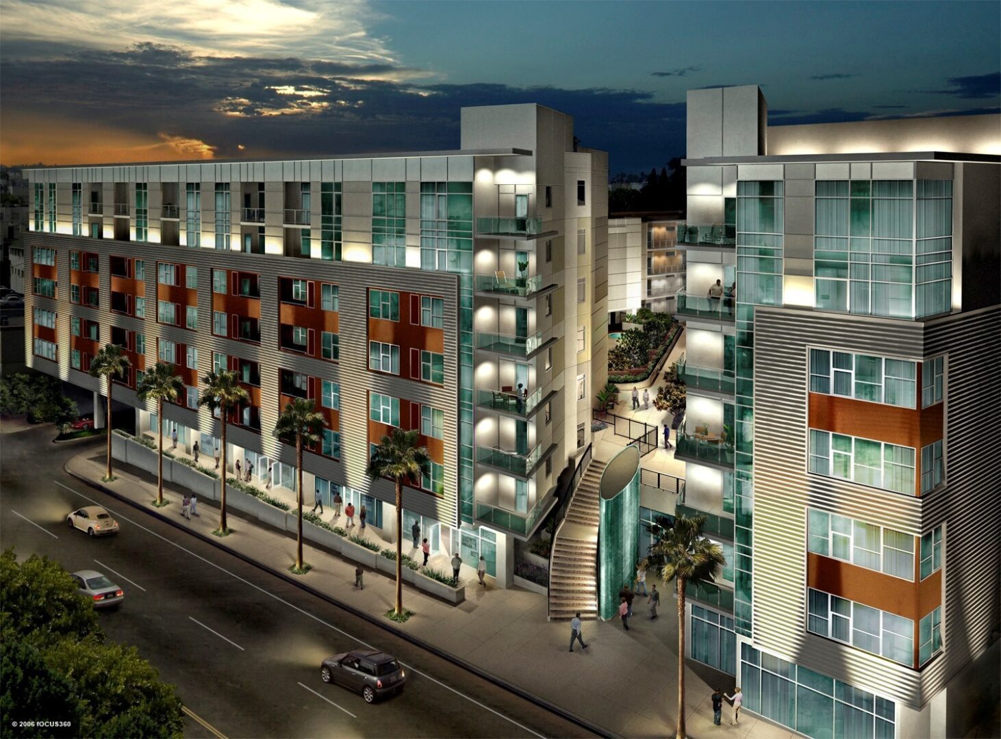 A rendering of the exterior of an apartment complex.