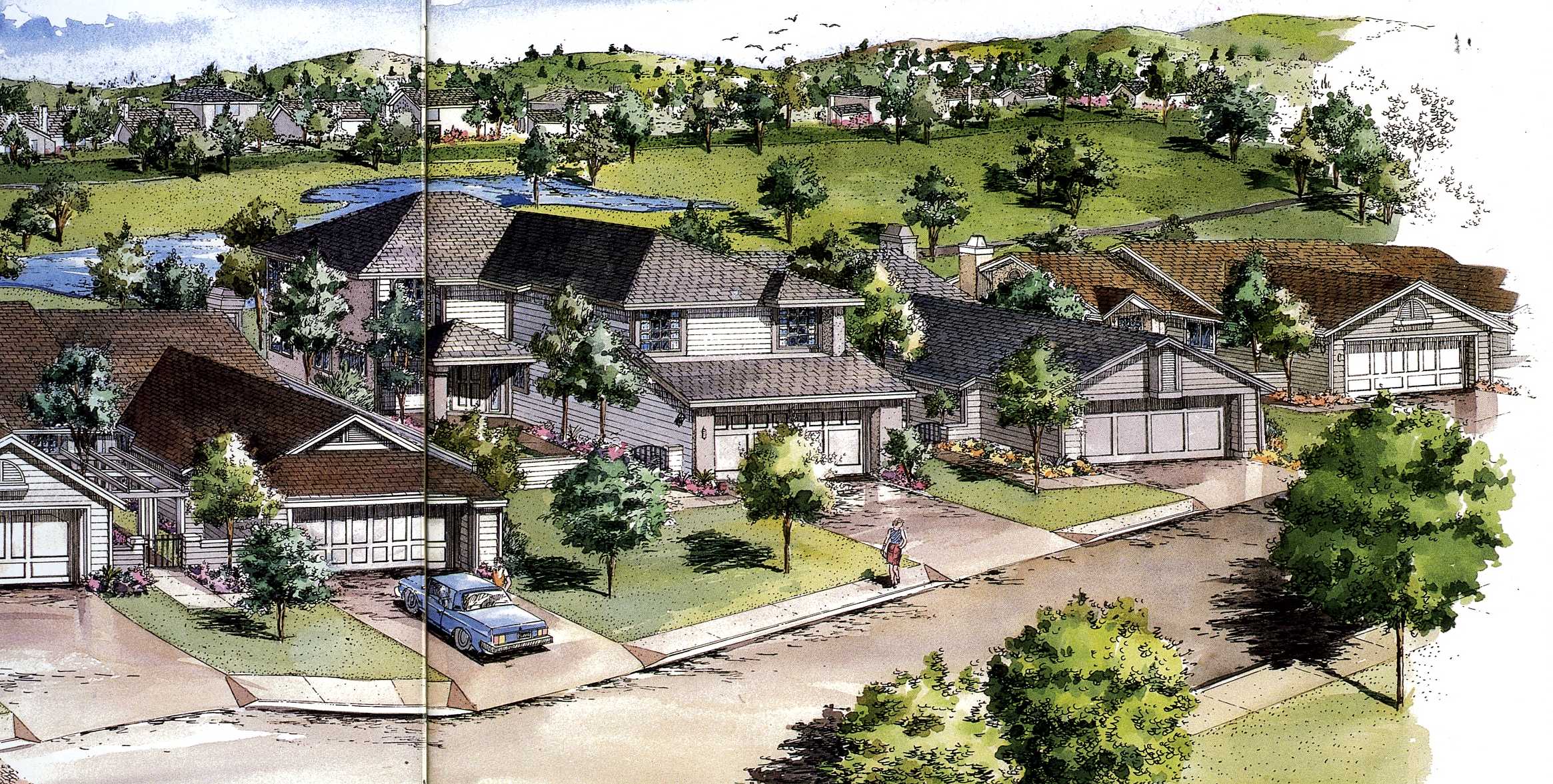 A drawing of a neighborhood with houses and trees.